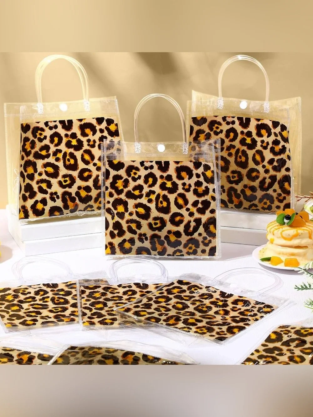 Leopard Animal Print Clear Plastic Gift Tote Bags with Handles for Party 12 pk